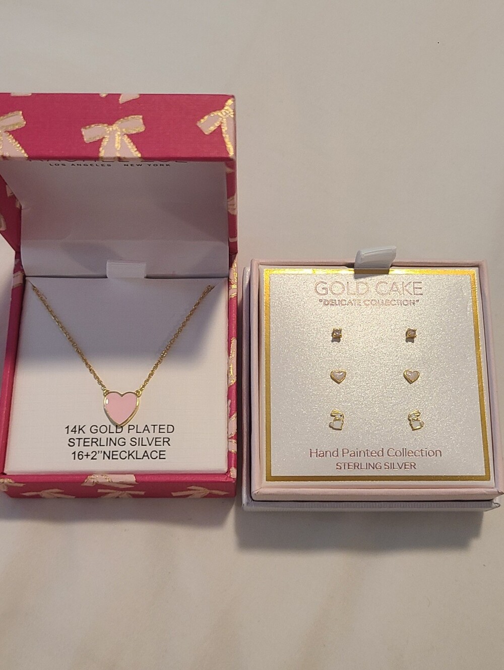Dainty Pink and White Jewelry Set - Pink Heart Necklace and Bunny Earrings - Picture 3 of 3